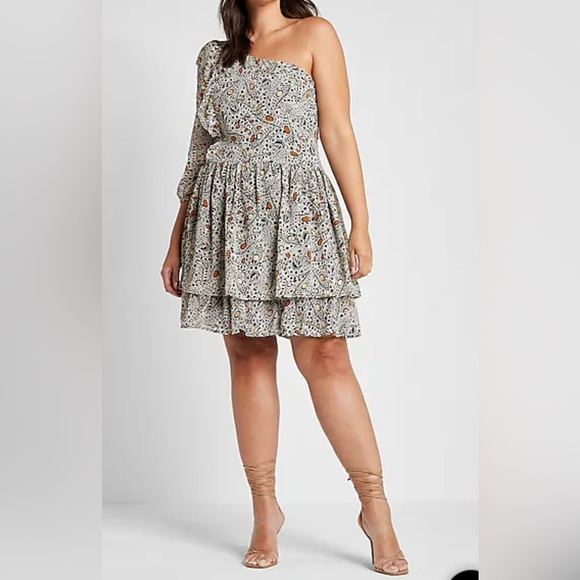 Express Versatile Rachel Zoe Printed One Shoulder Ruffle Mini Dress - Picture 1 of 14